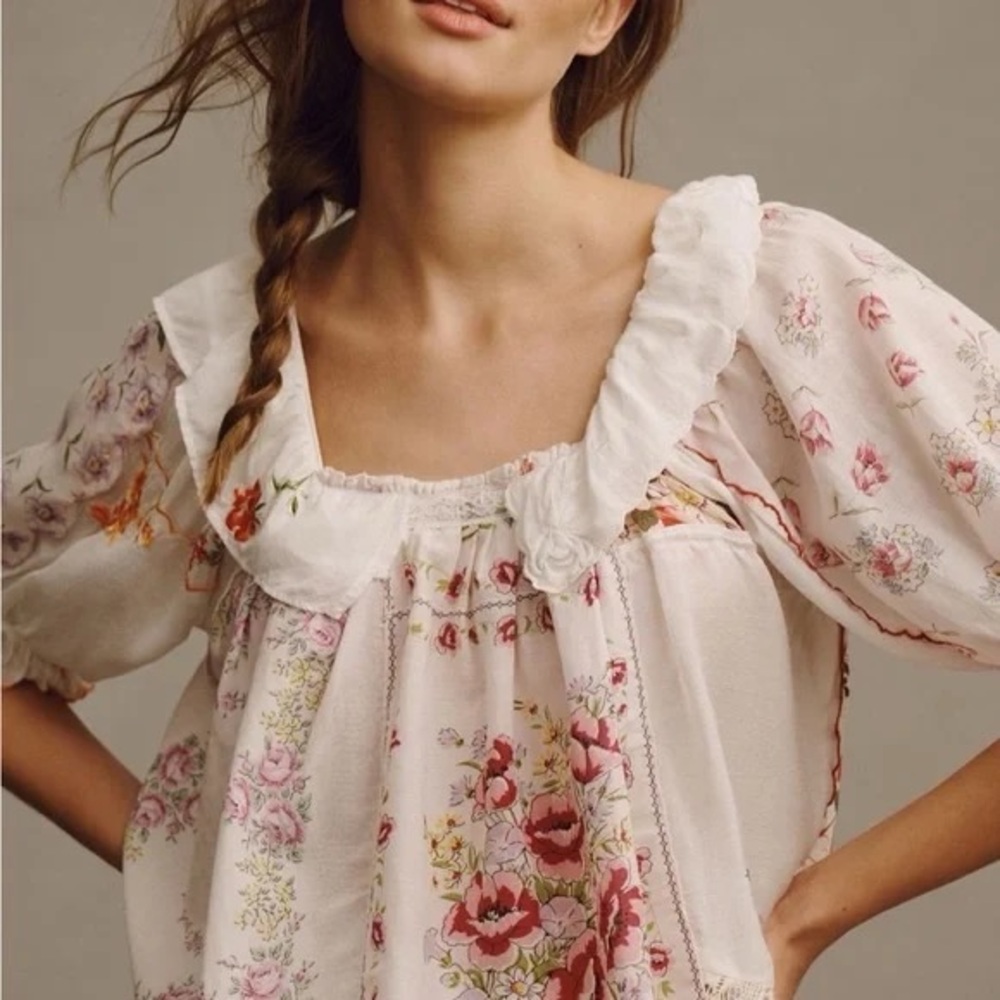 Anthropologie Cream Puff Sleeve Ruffled Blouse